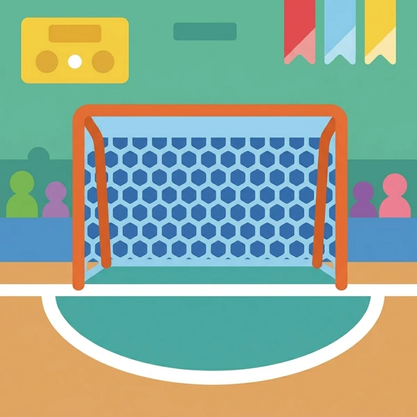 Handball goal with orange frame and blue net in indoor sports hall with colorful crowd in background