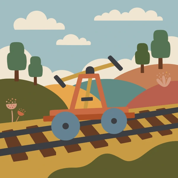 Handcar on old tracks with gray and brown body tones, charcoal accents, and mint green background.