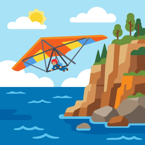 Orange, brown, and peach hang glider among trees, hills, or mountains with a winding path or river nearby.
