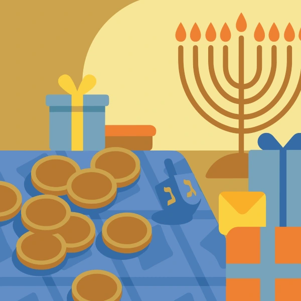 Gold chocolate gelt coins scattered on blue cloth with menorah, lit candles, dreidel, and wrapped gifts in warm gold and blue tones
