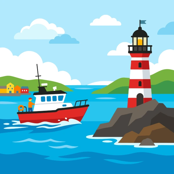 Turquoise, white, and leaf green harbor pilot boat on blue harbor water with docks, boats, cranes, or shoreline buildings.