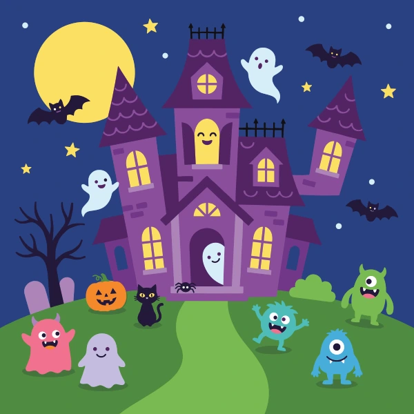 Purple haunted mansion with glowing windows friendly ghosts bats full moon cute colorful monsters on lawn black cat pumpkin and gravestones