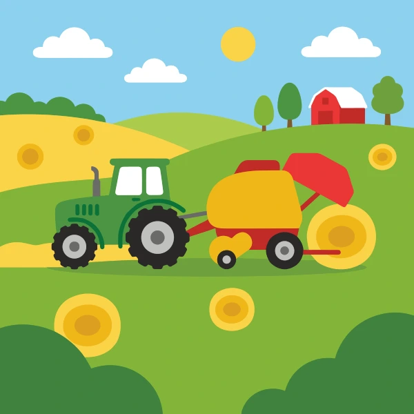 Mustard yellow, black, and sun yellow hay baler in fields with barns, crop rows, hay bales, or farm animals under a bright sky.