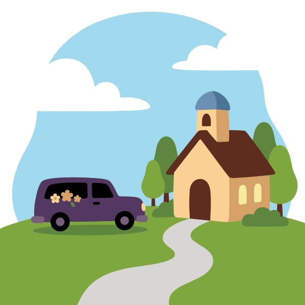 Hearse by chapel with charcoal and sand beige body tones, black accents, and white background.