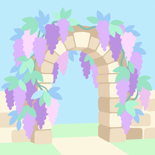 Purple and pink wisteria flower clusters cascading over a stone arch gateway framed by a low stone wall under a pale blue sky
