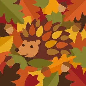 Hedgehog in Autumn Leaves and Acorns