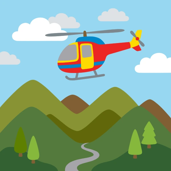 Olive green, earth brown, and red helicopter among trees, hills, or mountains with a winding path or river nearby.