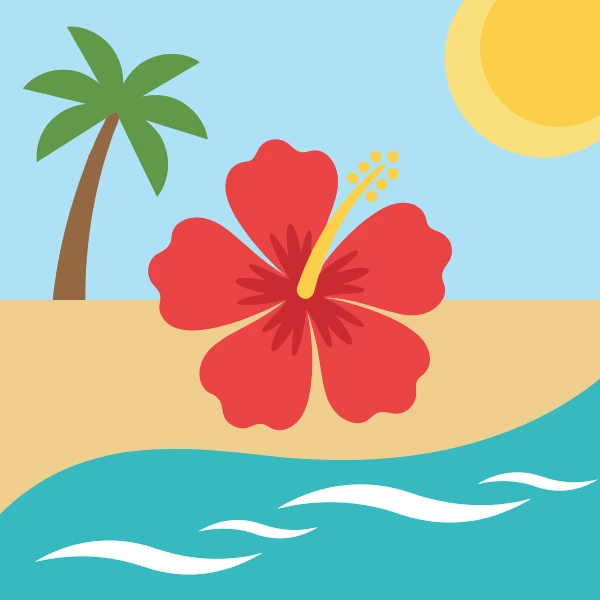 Large red hibiscus bloom with yellow stamen on a sandy tropical beach with a palm tree and turquoise waves