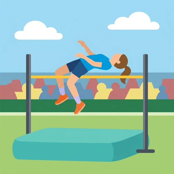 High jumper arcing backward over yellow crossbar in packed stadium with multicolor crowd and green infield