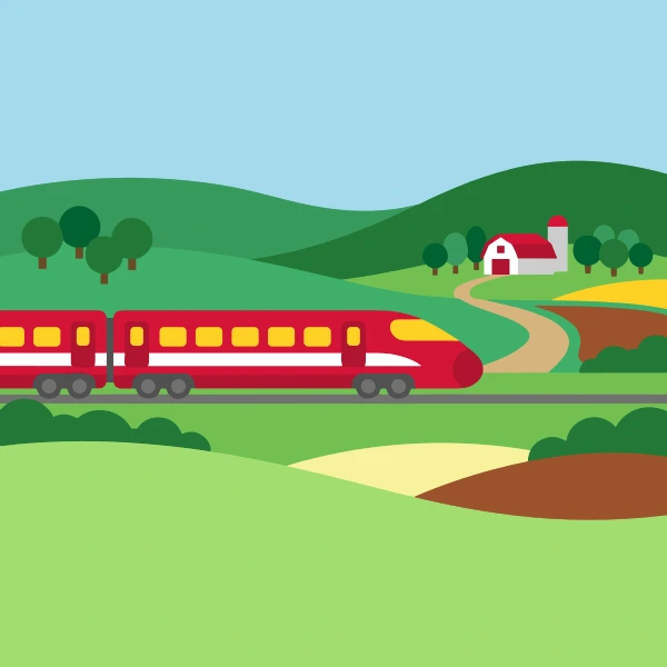 Leaf green, earth brown, and red high-speed train among trees, hills, or mountains with a winding path or river nearby.