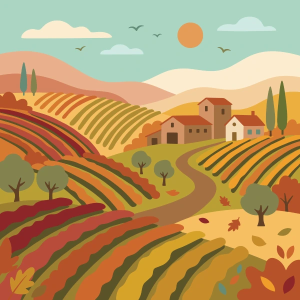 Hillside Vineyard in Autumn free printable jigsaw puzzle & coloring page