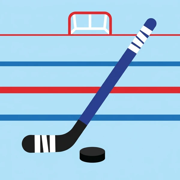 Navy blue hockey stick and black puck resting on light blue ice rink with red goal posts and white boards