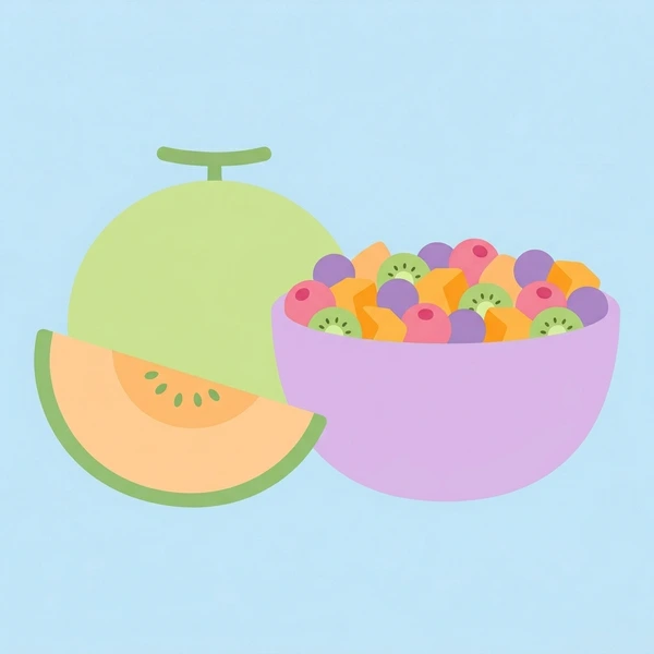 Honeydew Beside Fruit Salad scene showing honeydew melon slices, pale green flesh, and mixed fruit salad context in a food coloring puzzle