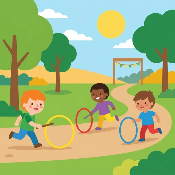 Three children rolling yellow red and blue hoops along a park path with trees and gazebo in sunny setting