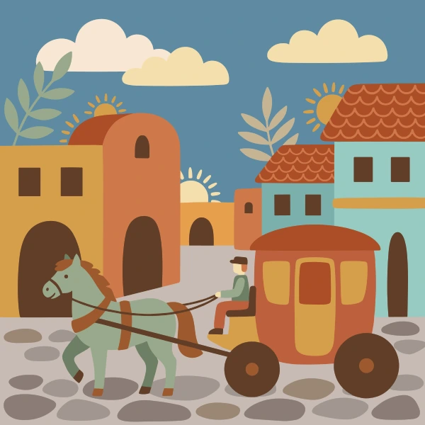 Orange, brown, and mustard yellow horse carriage in front of colorful buildings, storefronts, signs, and clean pavement.