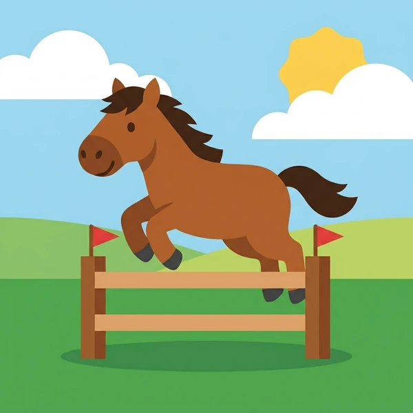 Brown horse with black mane leaping over wooden fence with red flags during equestrian jumping event on green grass