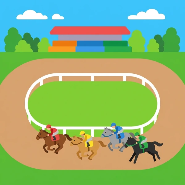 Four jockeys on brown and gray horses racing around green oval dirt track with red grandstand and multicolor crowd
