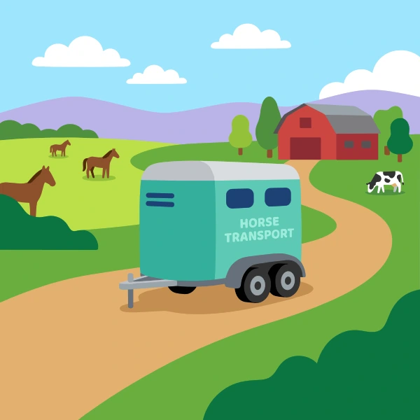 Teal, tan, and leaf green horse trailer among trees, hills, or mountains with a winding path or river nearby.