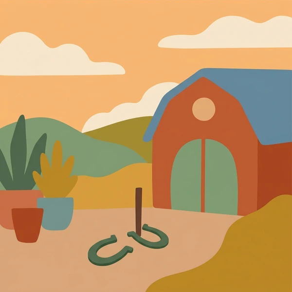 Metal horseshoes in rust orange sand near red barn with green doors and green countryside landscape