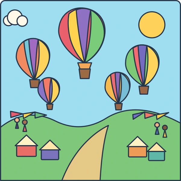 Five colorful hot air balloons floating above rolling festival hills, tents, flags, visitors, and a winding path.