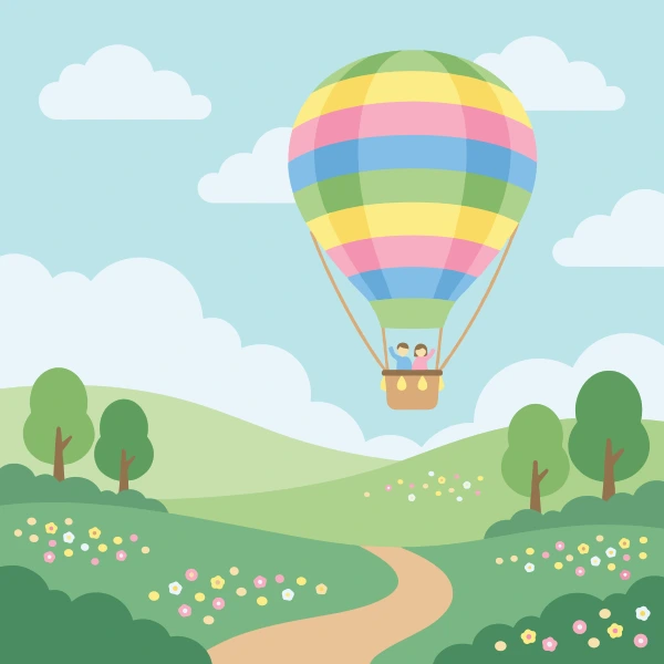 Striped hot air balloon in yellow, pink, blue, and green floating above a flower meadow with a winding path and two riders.