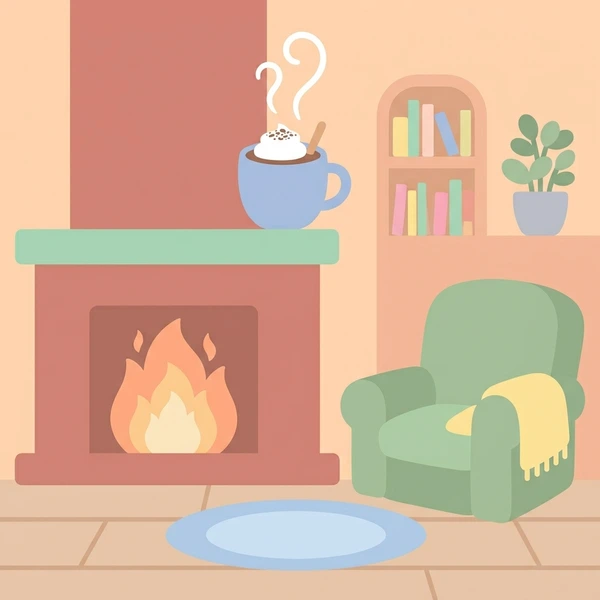 Hot Chocolate By Fire scene showing hot chocolate mug, whipped cream topping, marshmallows, and warm fireplace background in a food coloring puzzle