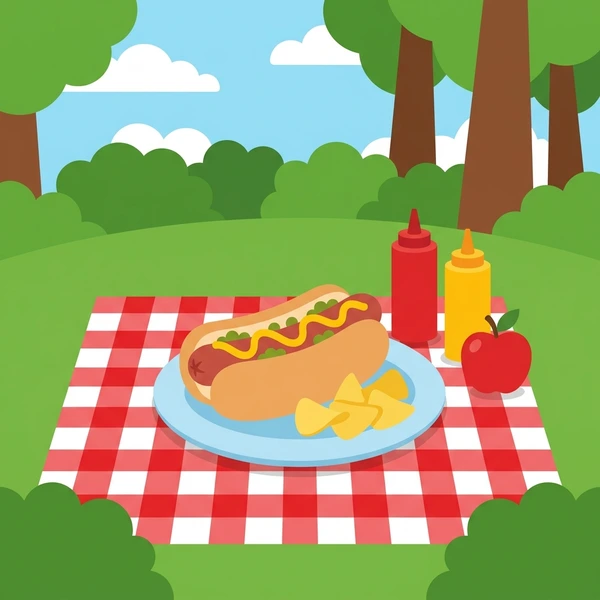 Hot Dog At Picnic scene showing hot dog frank, bun, mustard and ketchup condiments, and picnic blanket setting in a food coloring puzzle