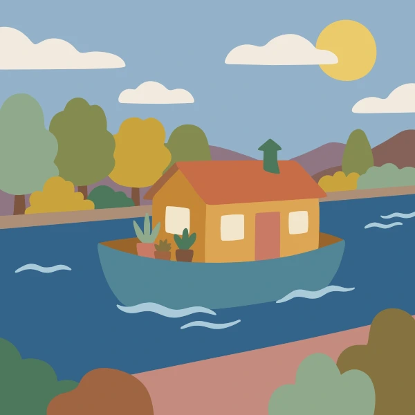 Teal, gray, and mustard yellow houseboat on a canal with dark blue water, shoreline trees, and warm houses.