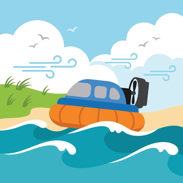 Orange, cream, and powder blue hovercraft near sand, blue water, and palm trees, cliffs, or a pier.