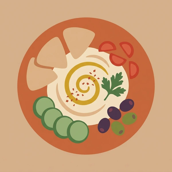 Hummus On Mezze Plate scene showing hummus spread, olive oil drizzle, paprika dusting, pita triangles, and mezze plate in a food coloring puzzle