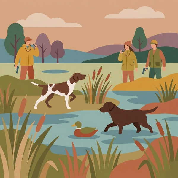 Hunters and brown hunting dogs working together in tan and green marshy wetland with blue water patches and vegetation