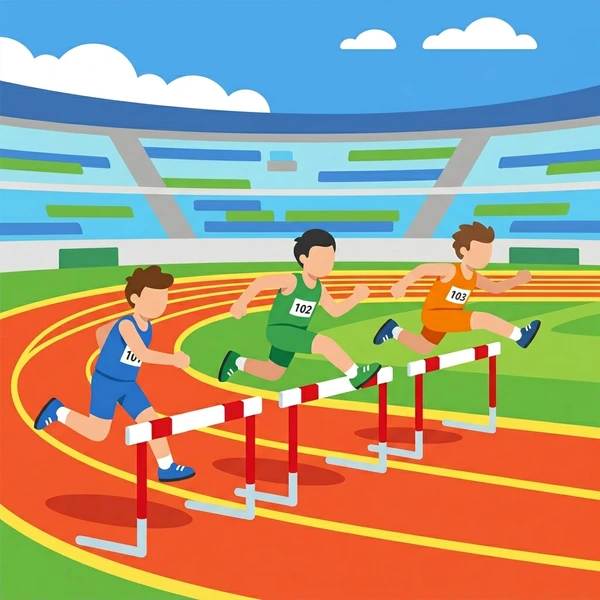 Three numbered bib runners clearing red and white hurdles on red stadium oval track with blue stadium and crowd