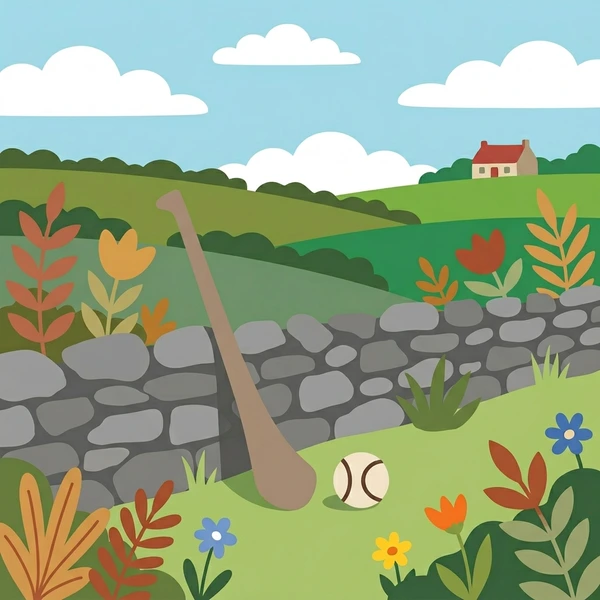 Brown hurling stick and white sliotar ball resting in green Irish field with gray stone wall and blue and orange wildflowers