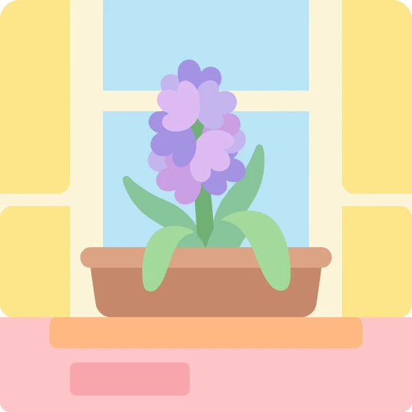 Single purple hyacinth spike in a terracotta window planter against yellow window panels and blue glass