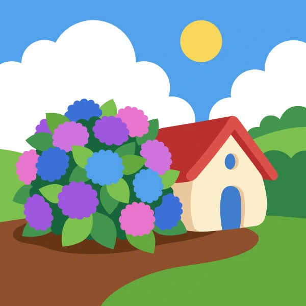 Large hydrangea bush with blue purple and pink mophead blooms beside a cottage with a red roof and blue door