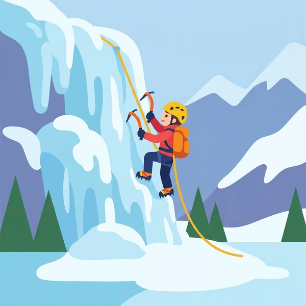 Ice climber in red jacket and orange backpack scaling light blue frozen waterfall with purple mountains and green trees