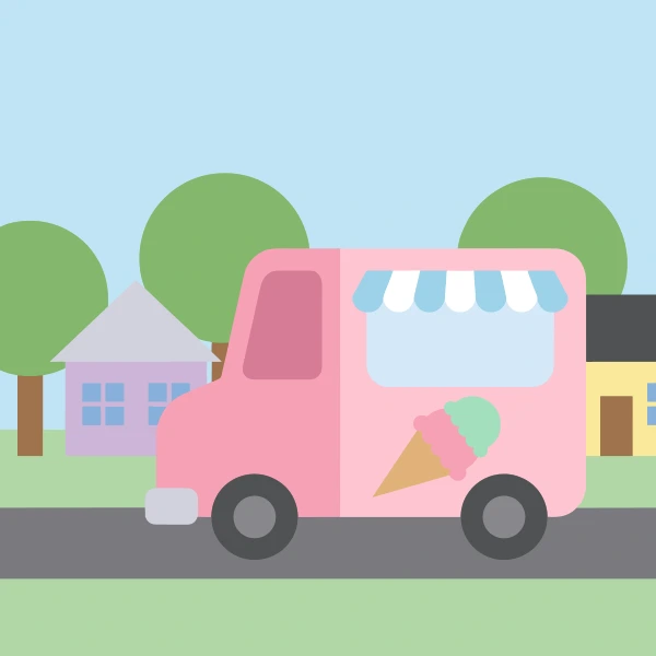 Pink ice cream truck with blue and white striped awning and ice cream cone graphic parked on a suburban street with houses and green trees.