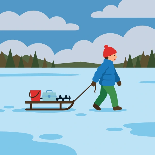 Deep blue, charcoal, and forest green ice fishing sled floating on calm blue water with soft hills, trees, and light clouds behind.