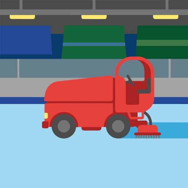 Red, gray, and forest green ice resurfacer inside or beside a stadium with crowd colors, flags, or a bold bowl shape.