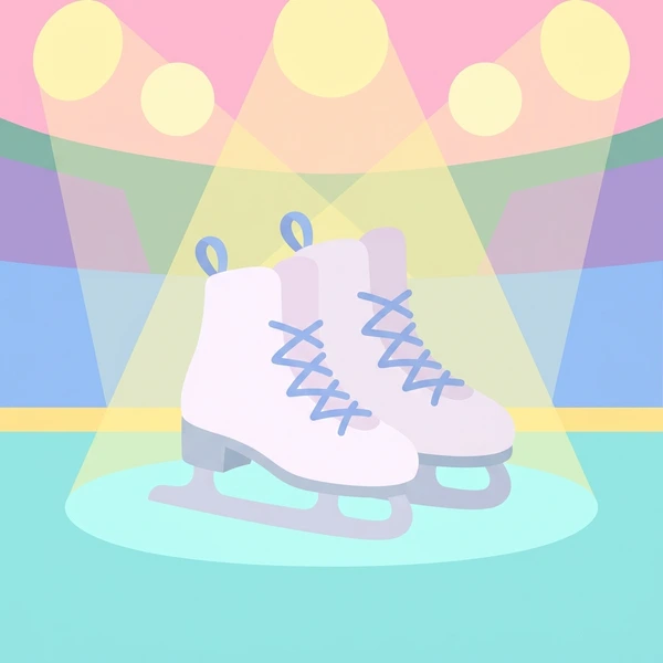 White ice skates with blue laces under bright yellow spotlights with pink and purple lighting on turquoise arena floor
