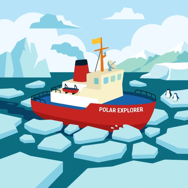 Red, cream, and sky blue icebreaker ship surrounded by white snow, blue shadows, pine trees, and cold mountains.