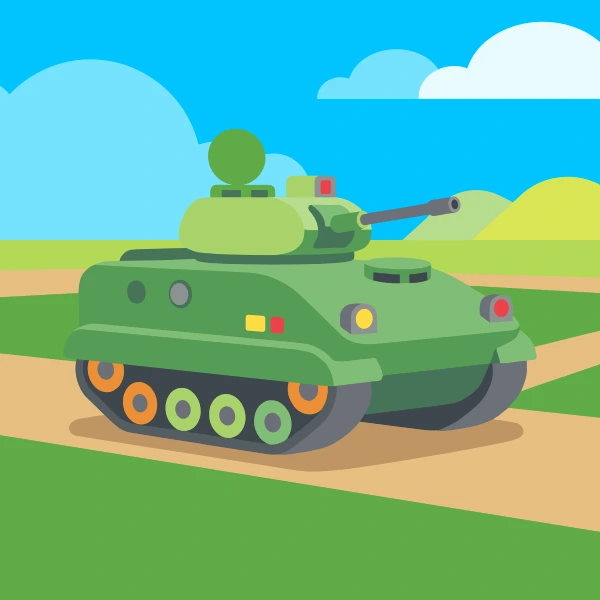 Infantry fighting vehicle on plain, colored grass green, forest green, and charcoal, with turquoise above and leaf green below.
