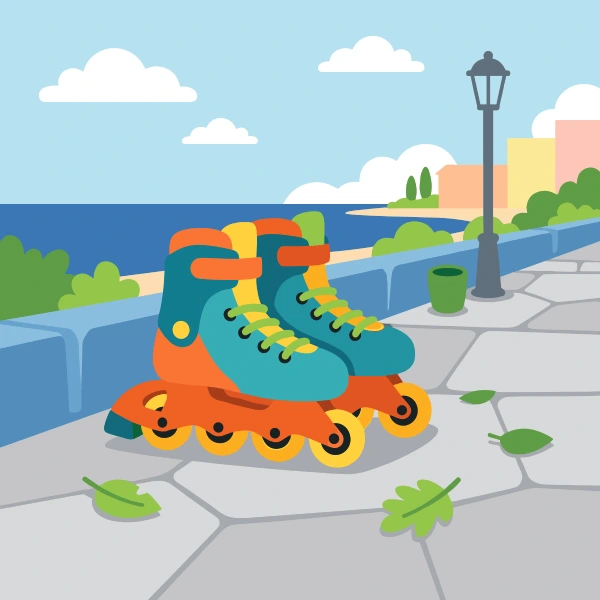 Inline skates in teal, orange, and deep blue on promenade, with light blue sky and light gray ground.