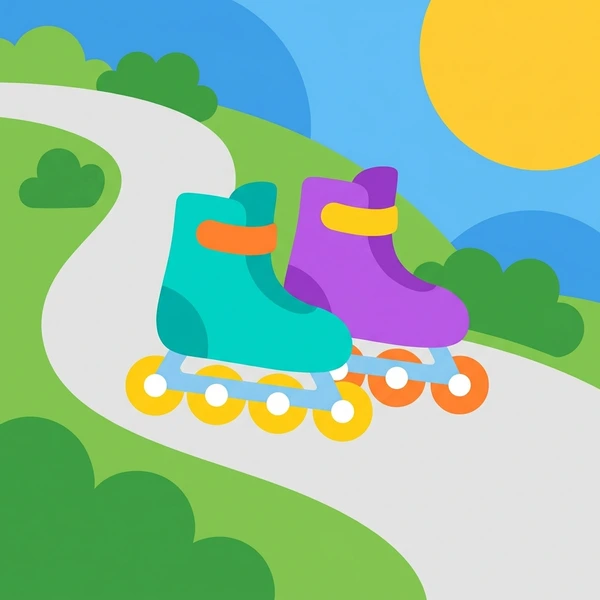 Turquoise and purple inline roller skates with yellow wheels resting on paved path in sunny outdoor setting with green grass