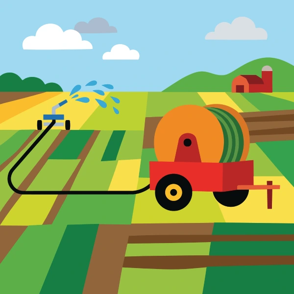 Grass green, brown, and mustard yellow irrigation reel cart in fields with barns, crop rows, hay bales, or farm animals under a bright sky.