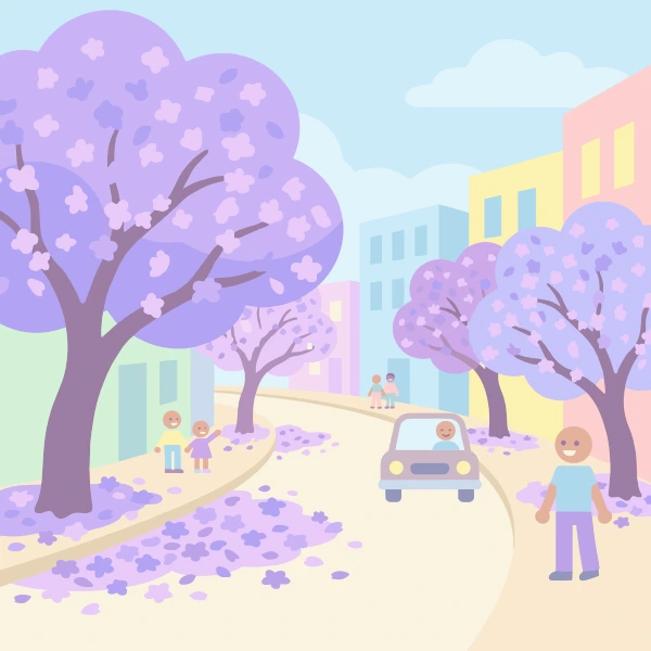 Purple jacaranda trees lining a street with fallen petals on the ground people walking and a small car