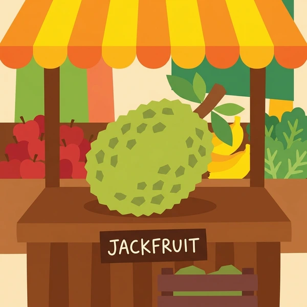 Jackfruit At Market Stall scene showing jackfruit whole fruit, spiny surface, market stall, and tropical setting in a food coloring puzzle