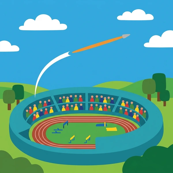 Orange javelin in flight over large stadium red track with green infield multicolor crowd and white clouds