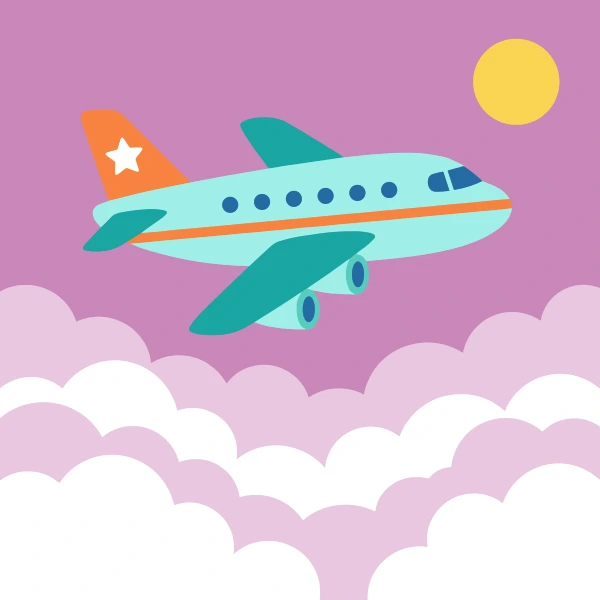 Teal, coral, and light blue jet airliner flying through pink and white clouds with a pale yellow sun nearby.