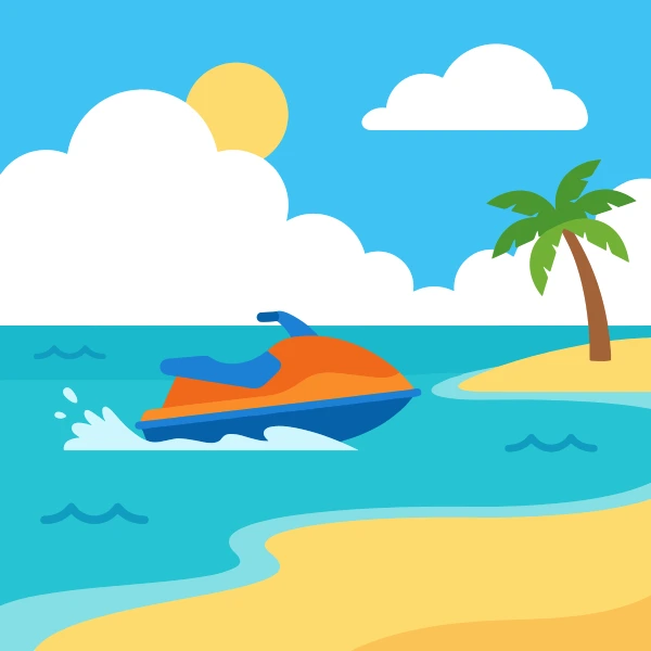 Teal, gray, and deep blue jet ski near sand, blue water, and palm trees, cliffs, or a pier.